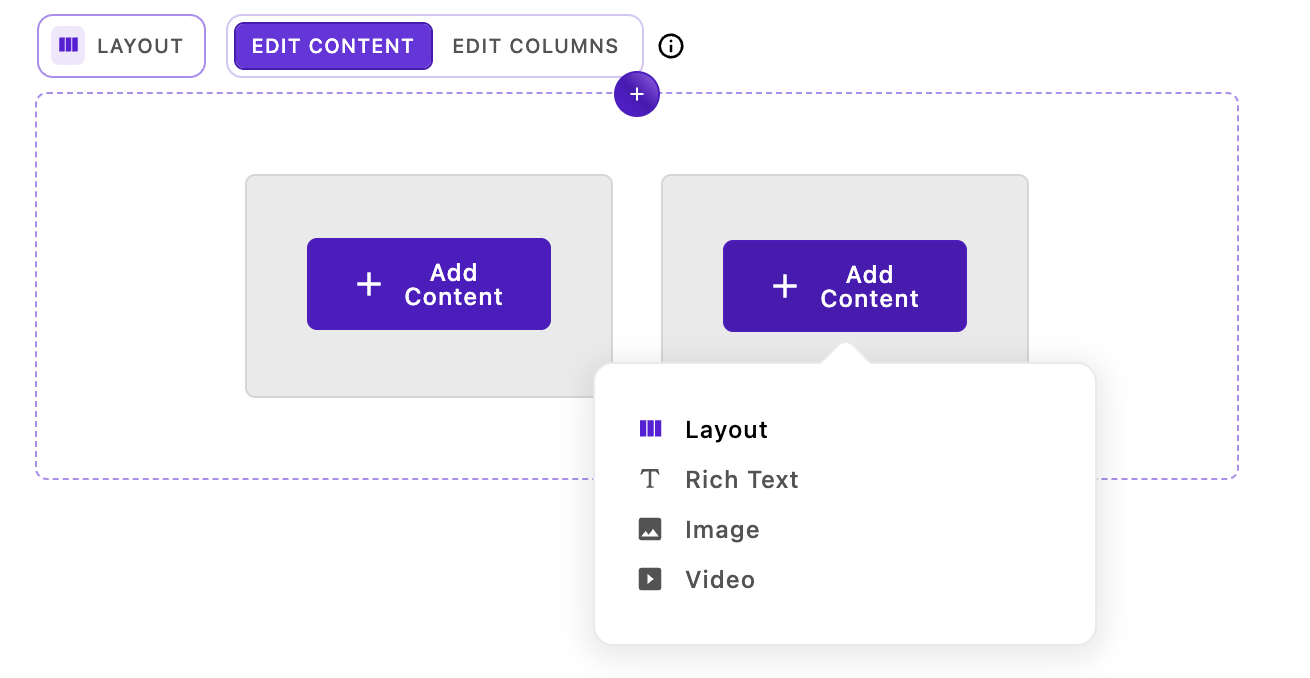 Layout widget with the "Edit content" button selected and widget menu open