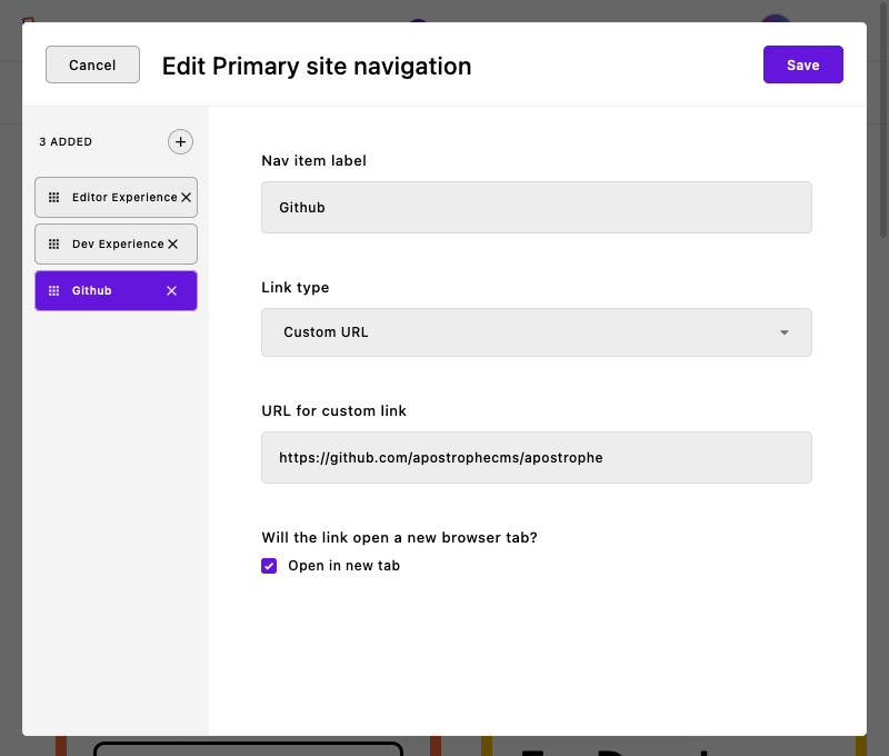 The nav items array editor showing custom URL fields