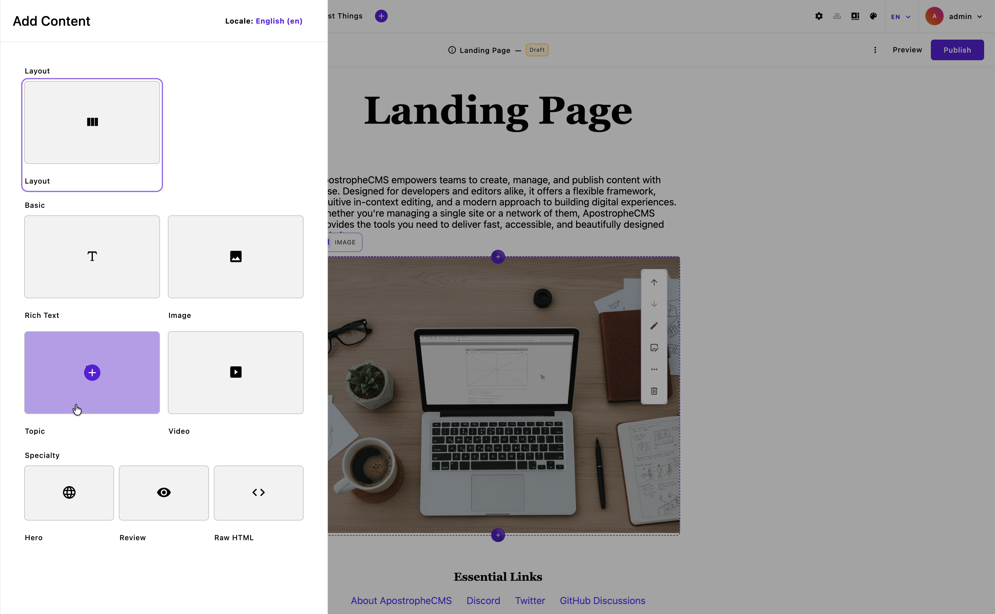 Editing an area with the expanded widget preview open.