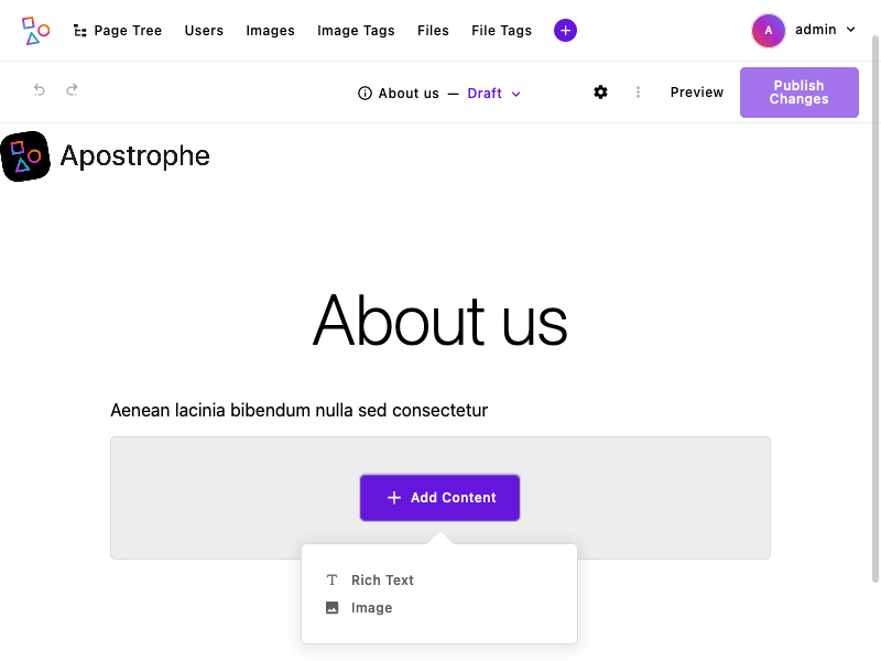 A page with the area menu opened