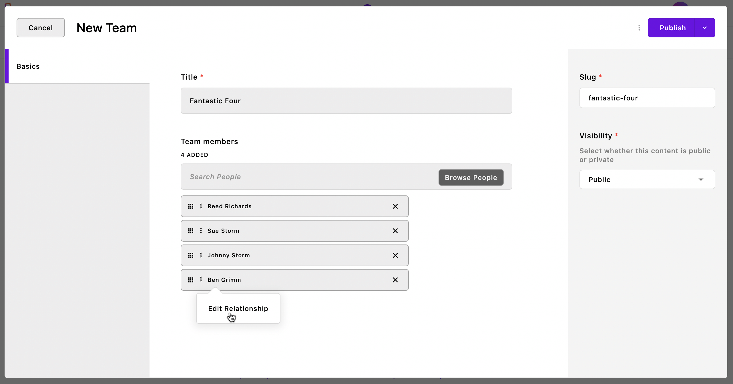 The relationship field now with a menu button and "edit relationship" option