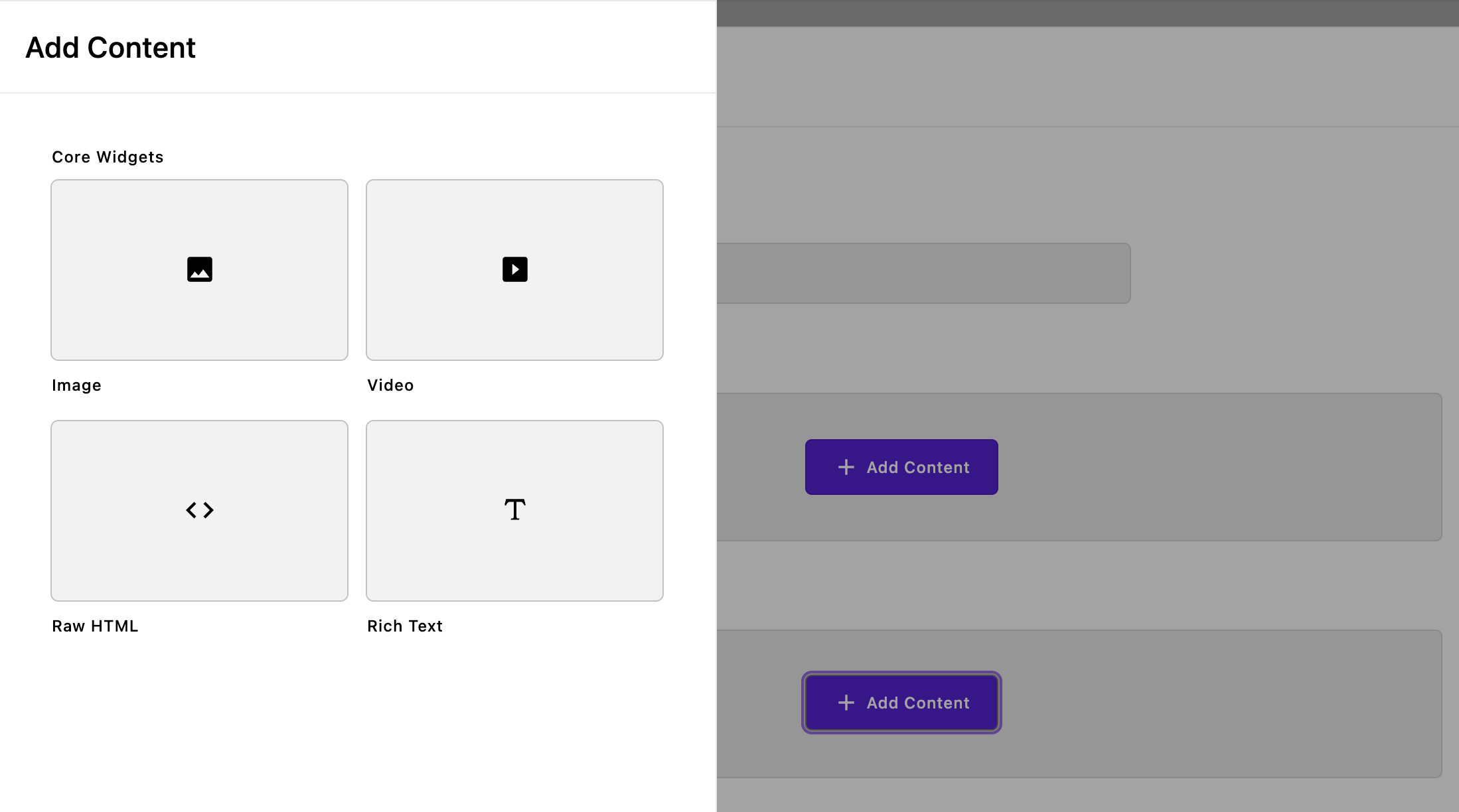 Screenshot of the bottom area expanded widget preview menu