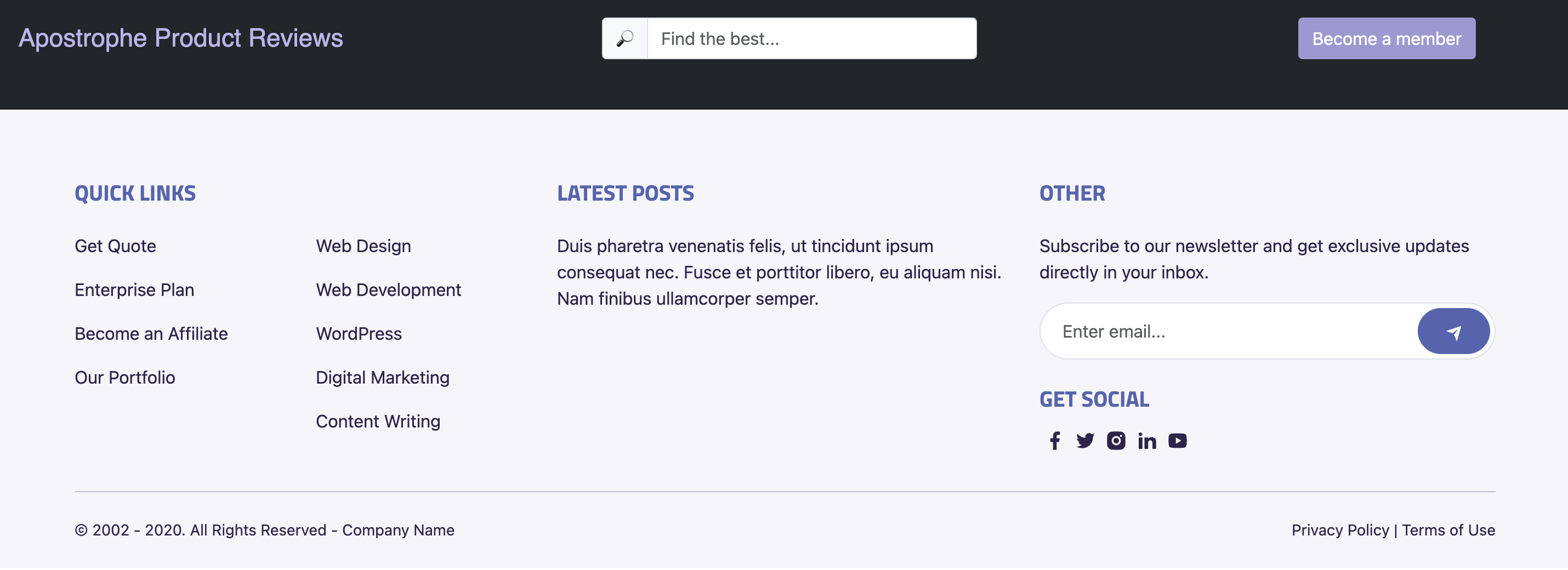 Screenshot of the topbar and footer after application of custom styling
