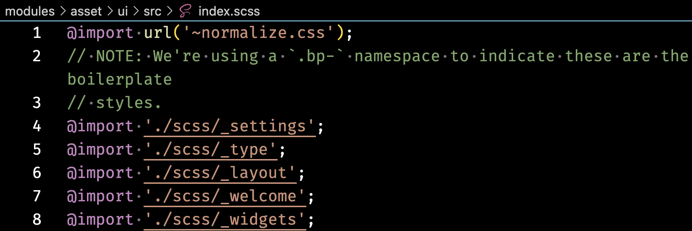 Screenshot of the essentials starter kit 'modules/asset/ui/src/index.scss` file contents