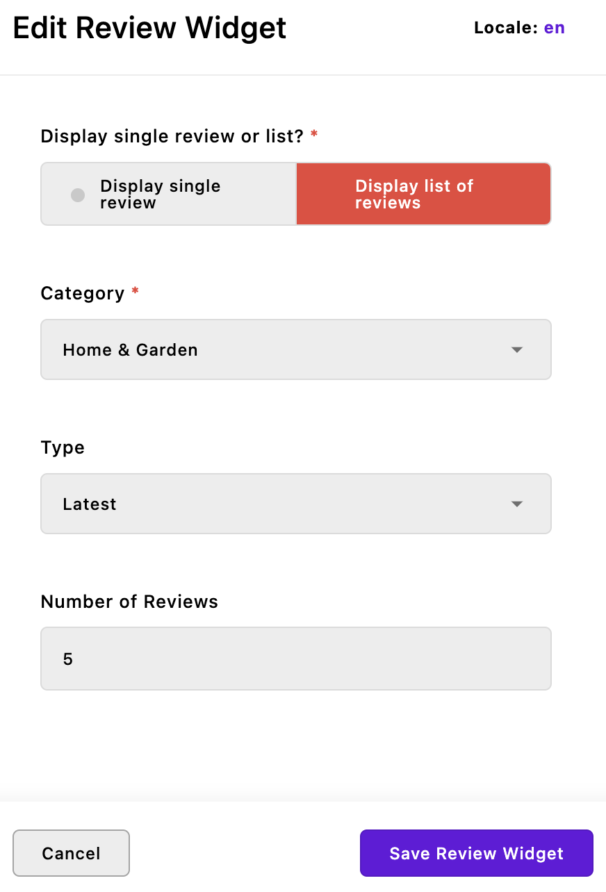 Screenshot of the latest widget editor modal