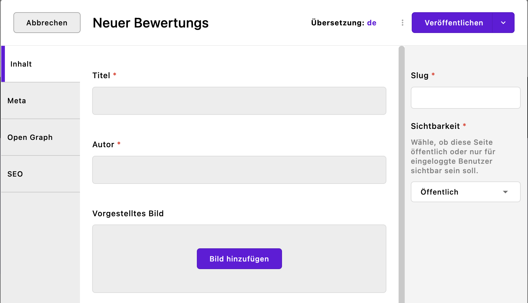 Screenshot of the UI for adding a new review piece localized to German