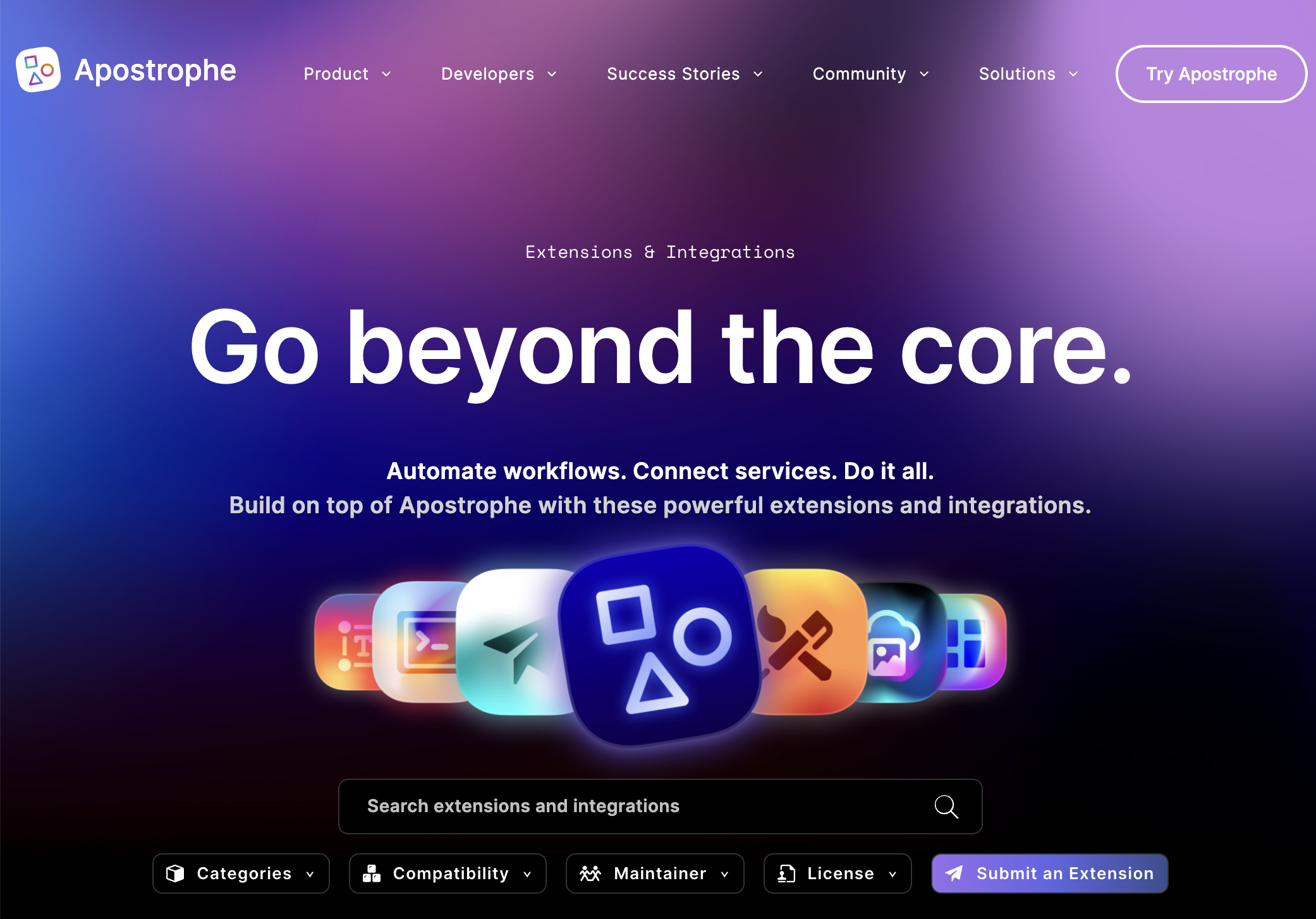Screenshot of the ApostropheCMS website Extensions library page