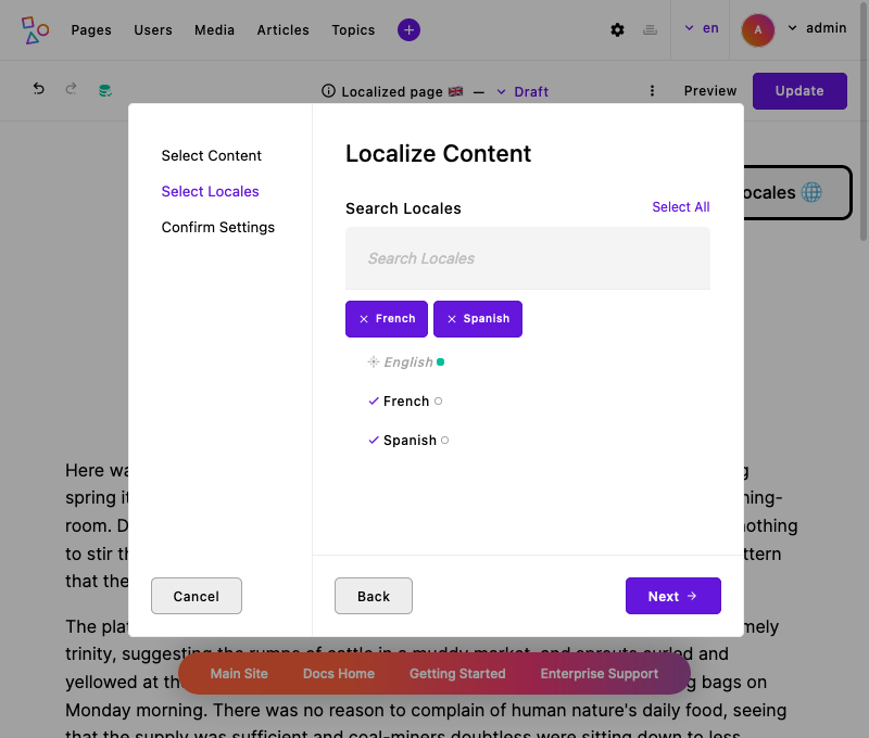 The localization wizard modal letting us choose locales