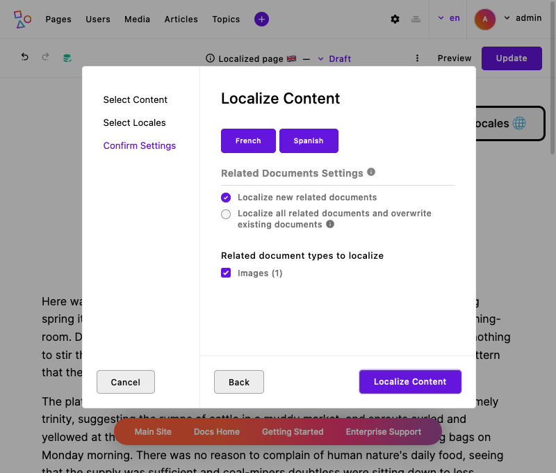 The localization wizard modal confirming settings