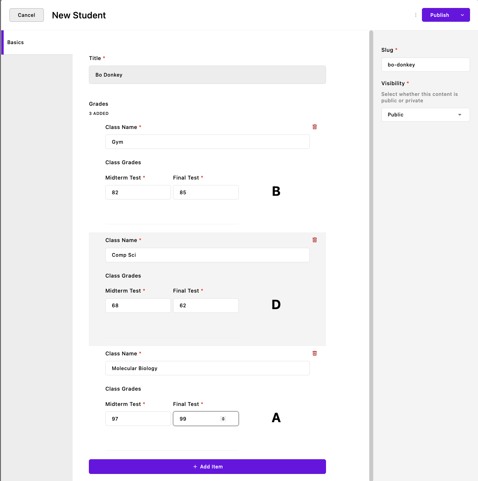 Bo Donkey's grades recorded in the new custom field