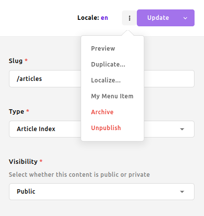 A custom context menu item 'My Menu Item' in the Piece Editor Modal